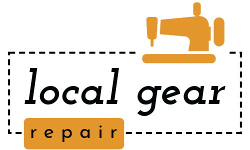 local gear repair logo with a yellow sewing machine icon and the words in a box